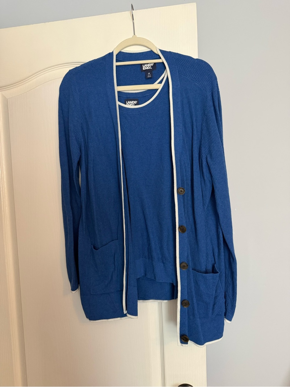 Lands' End Blue Cardigan with White Trim